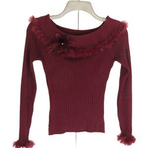 Burgundy Rib Knit Silk Blend Sweater with Feathers and Flower Detail.....325